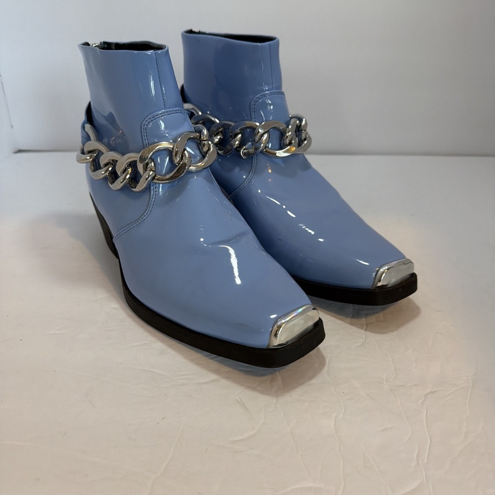 Rare Blue Cuban Chelsea Faux Leather Boots Silver Chain Men Sz 8 EU40.5